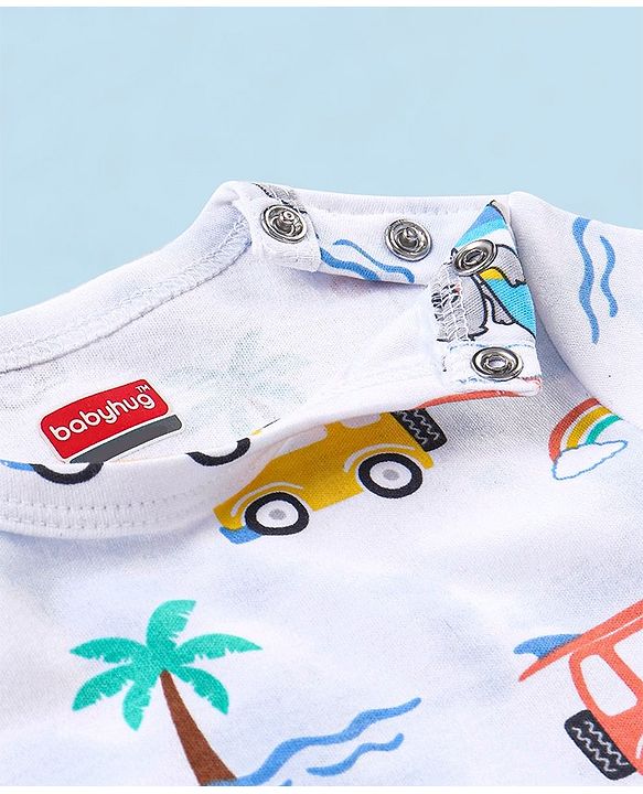 Babyhug 100% Cotton Knit Half Sleeves Striped Romper Koala Print - Blue & Yellow