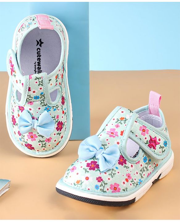 Cute Walk by Babyhug Casual Shoes With Velcro Closure Floral Print and Bow Applique - Blue