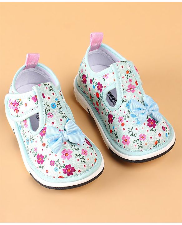 Cute Walk by Babyhug Casual Shoes With Velcro Closure Floral Print and Bow Applique - Blue