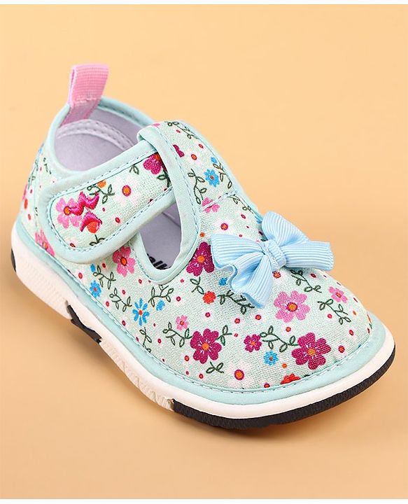 Cute Walk by Babyhug Casual Shoes With Velcro Closure Floral Print and Bow Applique - Blue
