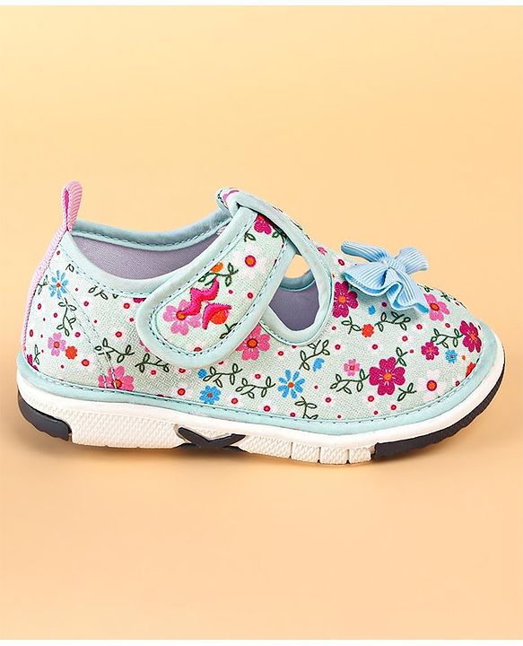 Cute Walk by Babyhug Casual Shoes With Velcro Closure Floral Print and Bow Applique - Blue