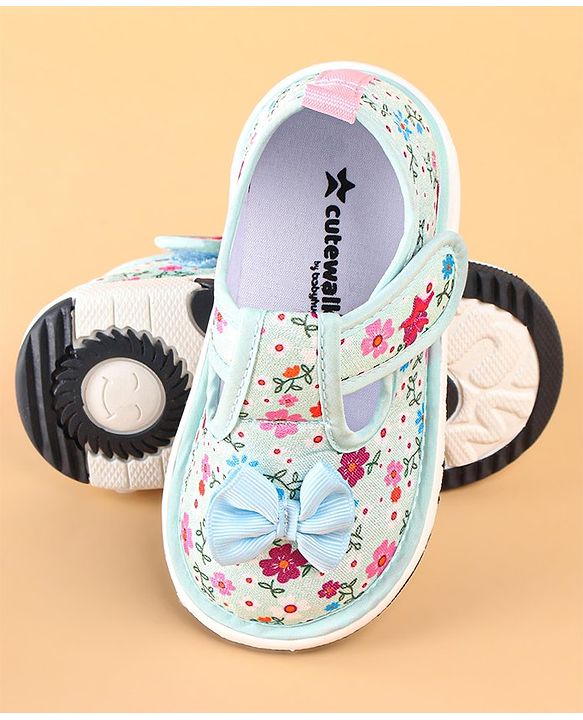 Cute Walk by Babyhug Casual Shoes With Velcro Closure Floral Print and Bow Applique - Blue