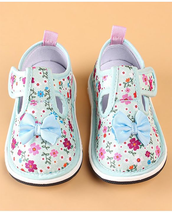 Cute Walk by Babyhug Casual Shoes With Velcro Closure Floral Print and Bow Applique - Blue