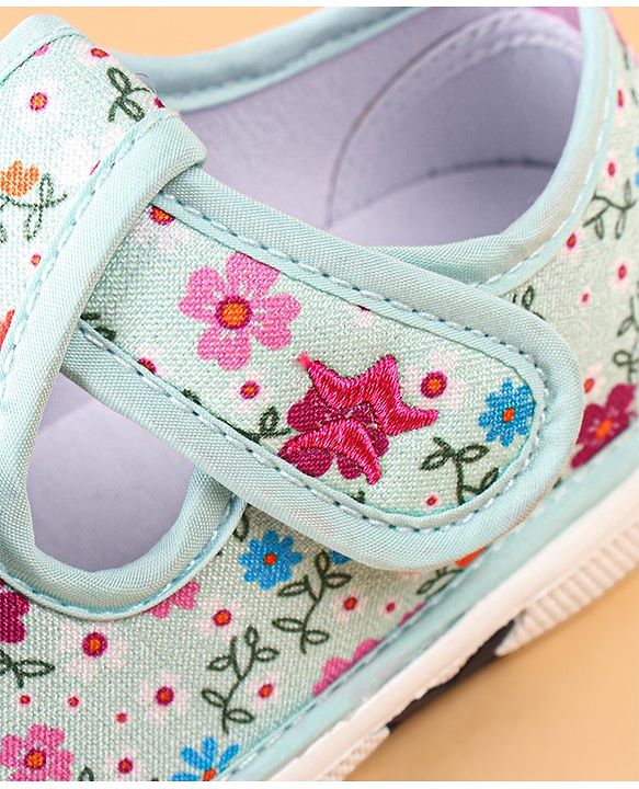 Cute Walk by Babyhug Casual Shoes With Velcro Closure Floral Print and Bow Applique - Blue