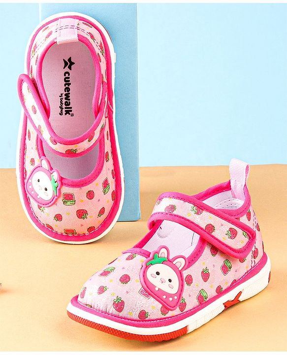 Cute Walk by Babyhug Velcro Closure Strawberry Print & Applique Casual Shoes - Fuchsia