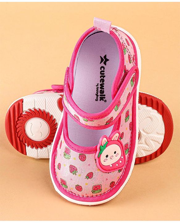 Cute Walk by Babyhug Velcro Closure Strawberry Print & Applique Casual Shoes - Fuchsia