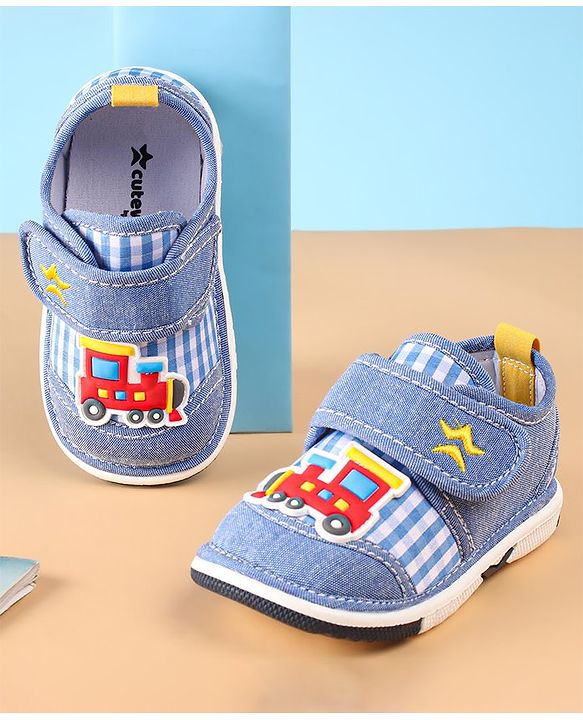 Cute Walk by Babyhug Checked Casual Denim Shoes with Velcro Closure Train Applique - Blue