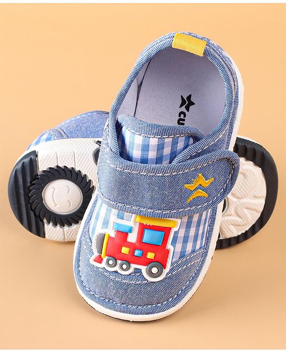 Cute Walk by Babyhug Checked Casual Denim Shoes with Velcro Closure Train Applique - Blue