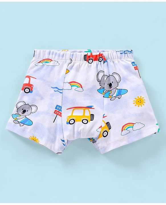 Babyhug 100% Cotton Knit Striped Trunks Car Print Pack of 3 - Blue & White