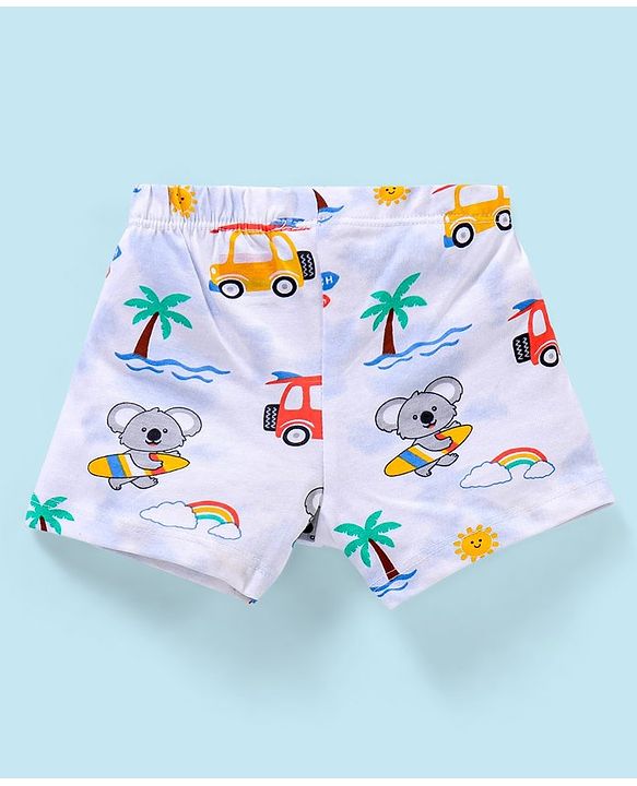 Babyhug 100% Cotton Knit Striped Trunks Car Print Pack of 3 - Blue & White