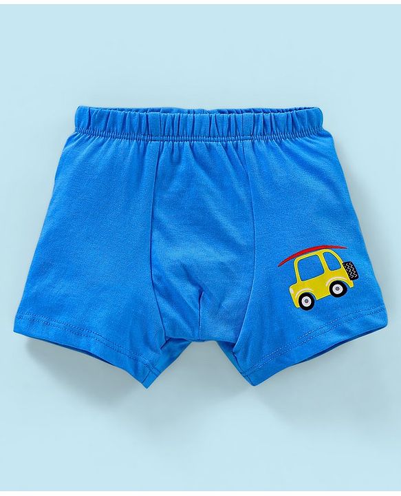 Babyhug 100% Cotton Knit Striped Trunks Car Print Pack of 3 - Blue & White