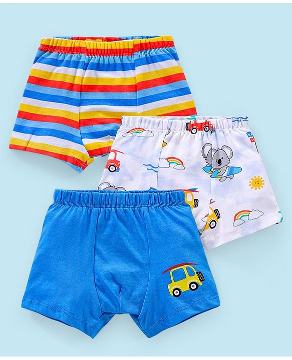 Babyhug 100% Cotton Knit Striped Trunks Car Print Pack of 3 - Blue & White