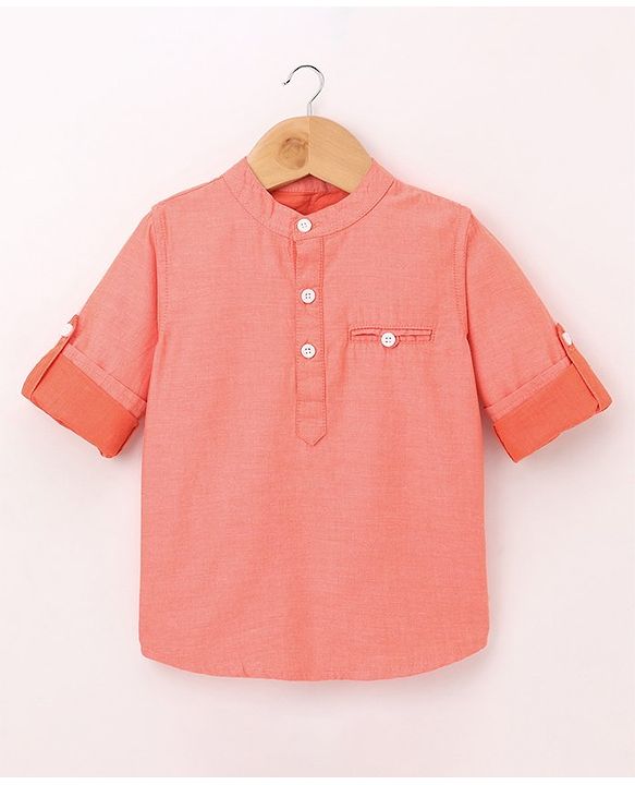 Babyhug 100% Cotton Full Sleeves Solid Color Kurta Style Shirt - Orange