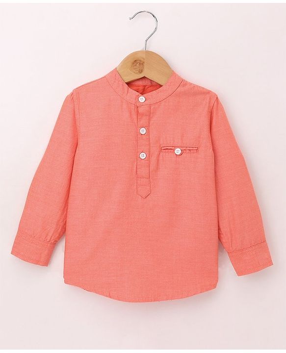 Babyhug 100% Cotton Full Sleeves Solid Color Kurta Style Shirt - Orange