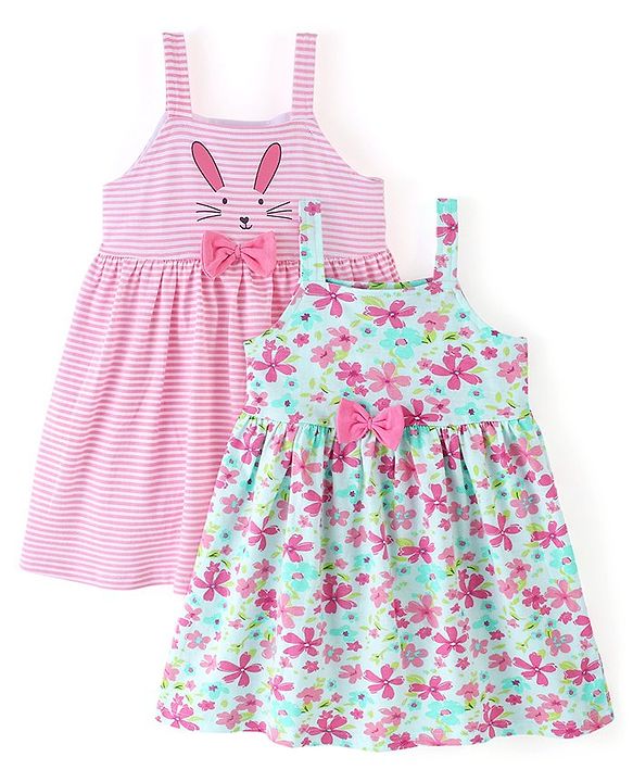 Babyhug 100% Cotton Knit Sleeveless Frocks with Bow Applique Stripes & Floral Print Pack of 2 - Pink & Mint