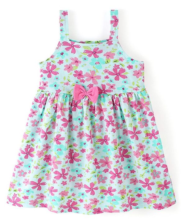 Babyhug 100% Cotton Knit Sleeveless Frocks with Bow Applique Stripes & Floral Print Pack of 2 - Pink & Mint