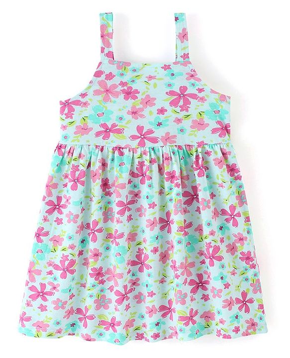 Babyhug 100% Cotton Knit Sleeveless Frocks with Bow Applique Stripes & Floral Print Pack of 2 - Pink & Mint