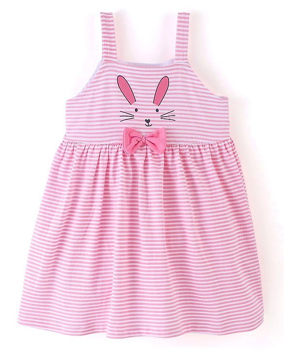 Babyhug 100% Cotton Knit Sleeveless Frocks with Bow Applique Stripes & Floral Print Pack of 2 - Pink & Mint