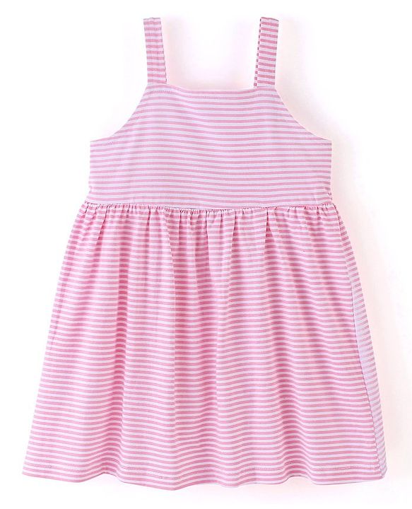 Babyhug 100% Cotton Knit Sleeveless Frocks with Bow Applique Stripes & Floral Print Pack of 2 - Pink & Mint