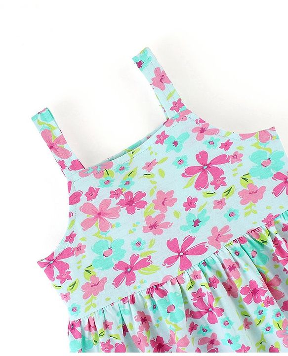 Babyhug 100% Cotton Knit Sleeveless Frocks with Bow Applique Stripes & Floral Print Pack of 2 - Pink & Mint