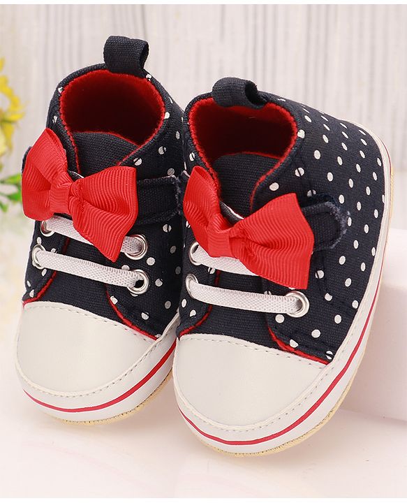 Cute Walk by Babyhug Slip On Booties with Bow Applique & Polka Dots Print - Blue