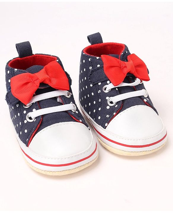 Cute Walk by Babyhug Slip On Booties with Bow Applique & Polka Dots Print - Blue