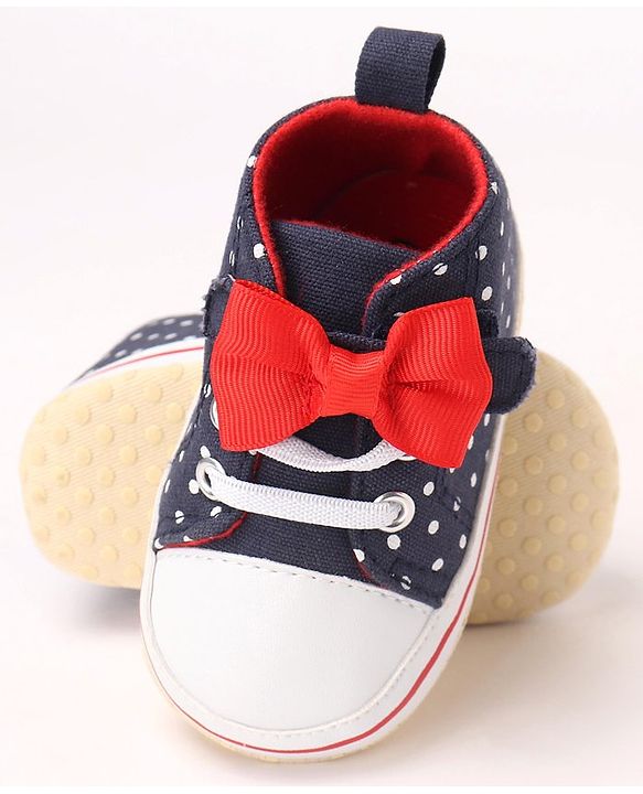 Cute Walk by Babyhug Slip On Booties with Bow Applique & Polka Dots Print - Blue
