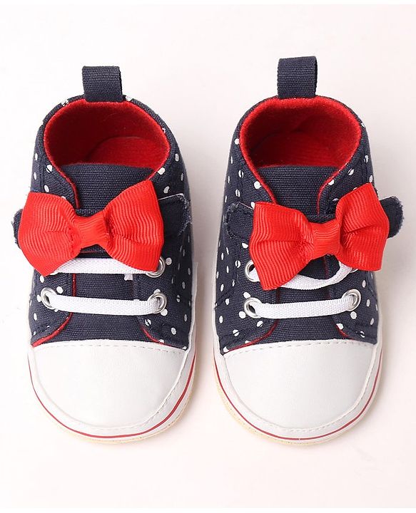 Cute Walk by Babyhug Slip On Booties with Bow Applique & Polka Dots Print - Blue