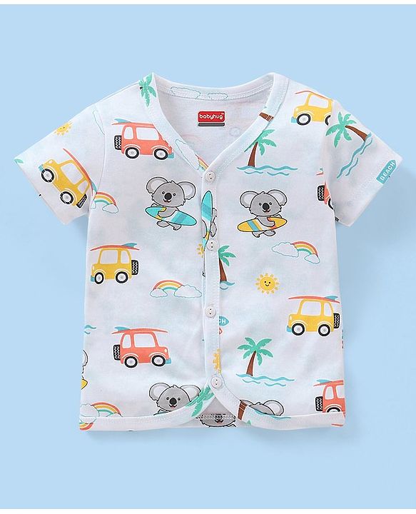 Babyhug 100% Cotton Half Sleeves Vests Stripes & Koala Print Pack of 3 - Light Yellow Sky Blue & Orange