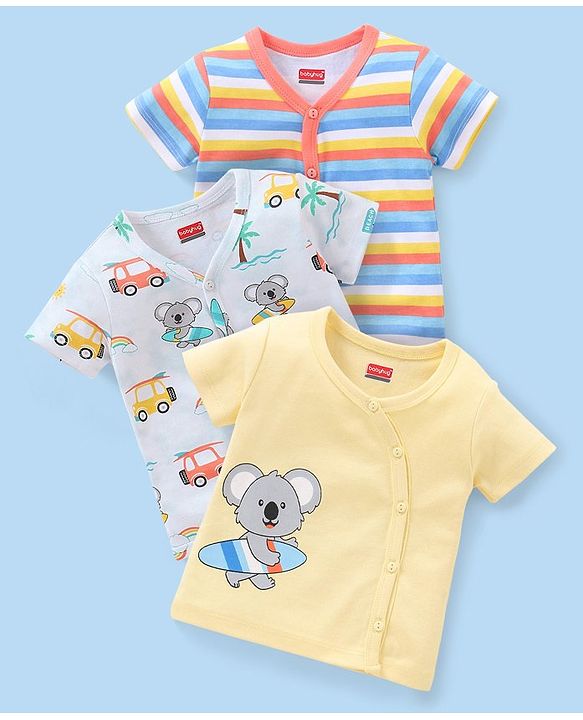 Babyhug 100% Cotton Half Sleeves Vests Stripes & Koala Print Pack of 3 - Light Yellow Sky Blue & Orange