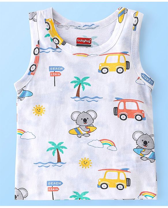 Babyhug 100% Cotton Sleeveless Beach Printed & Stripe Sando Pack of 3 - Multicolour