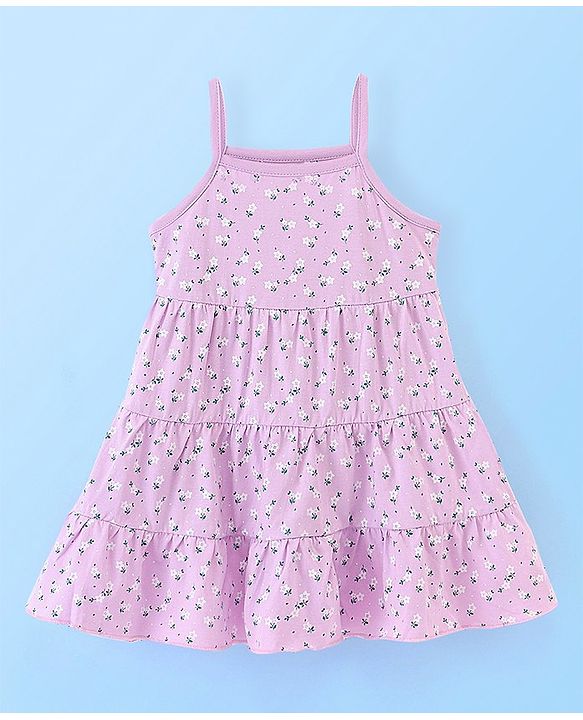 Babyhug 100% Cotton Knit Singlet Sleeves Frock & Bloomer With Floral Print - Lilac