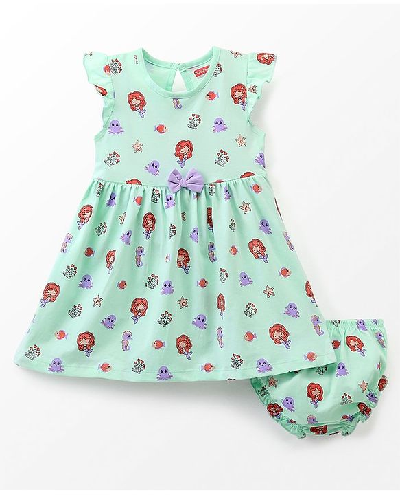 Babyhug 100% Cotton Knit Short Sleeves Floral Printed Frock with Bloomer and Bow Applique - Mint Green