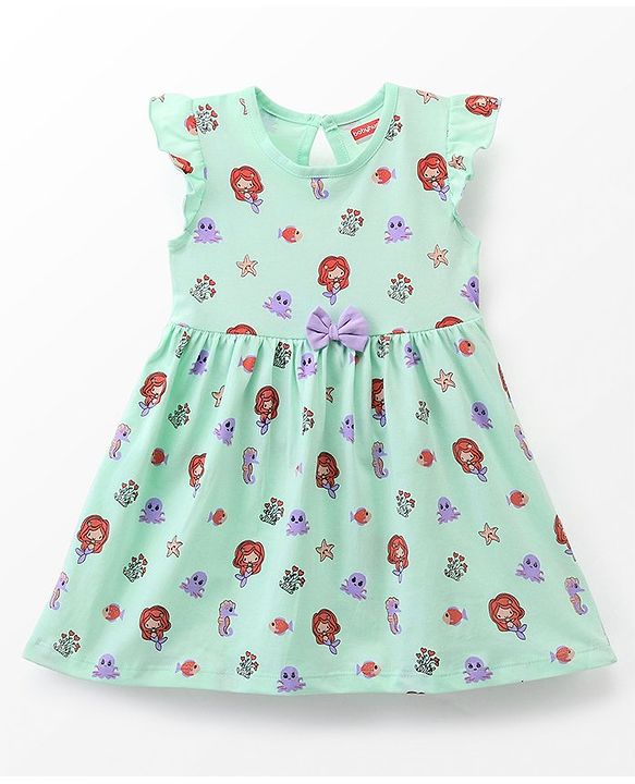 Babyhug 100% Cotton Knit Short Sleeves Floral Printed Frock with Bloomer and Bow Applique - Mint Green
