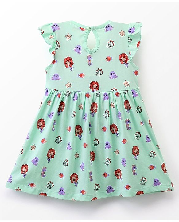 Babyhug 100% Cotton Knit Short Sleeves Floral Printed Frock with Bloomer and Bow Applique - Mint Green