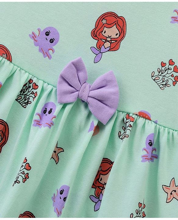 Babyhug 100% Cotton Knit Short Sleeves Floral Printed Frock with Bloomer and Bow Applique - Mint Green