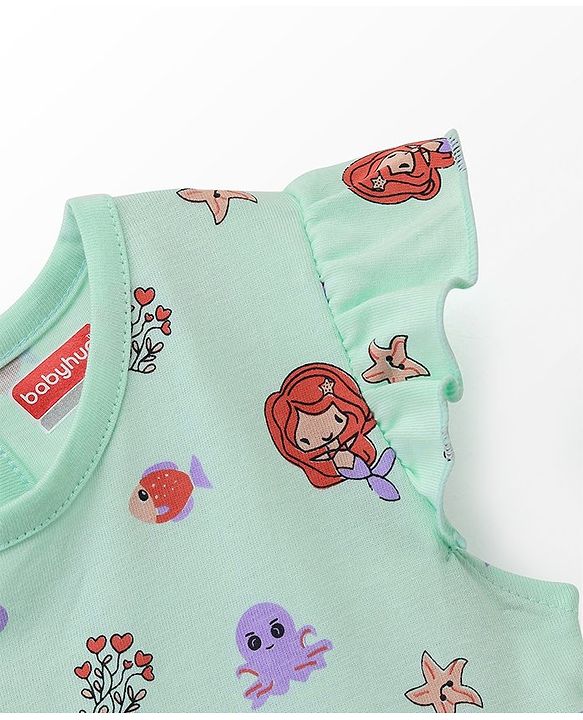 Babyhug 100% Cotton Knit Short Sleeves Floral Printed Frock with Bloomer and Bow Applique - Mint Green