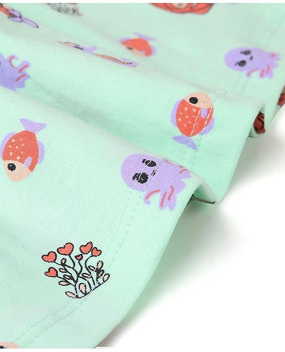 Babyhug 100% Cotton Knit Short Sleeves Floral Printed Frock with Bloomer and Bow Applique - Mint Green