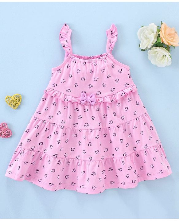 Babyhug 100% Cotton Knit Sleeveless Frock Floral Print with Bow Applique - Pink