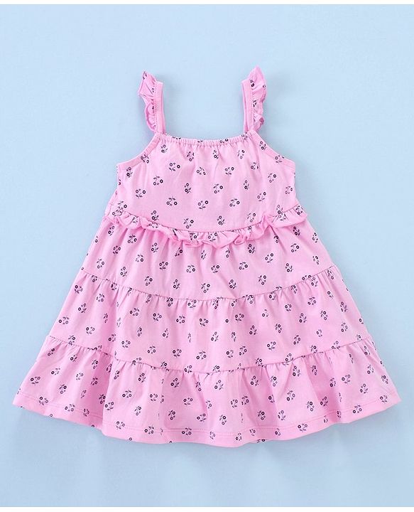 Babyhug 100% Cotton Knit Sleeveless Frock Floral Print with Bow Applique - Pink