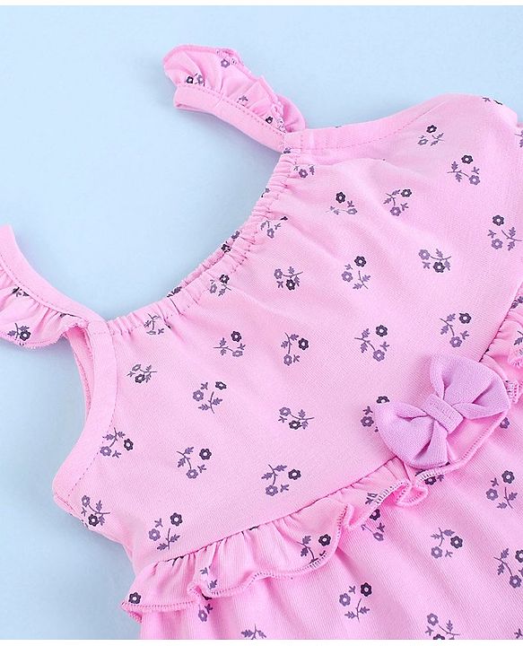 Babyhug 100% Cotton Knit Sleeveless Frock Floral Print with Bow Applique - Pink
