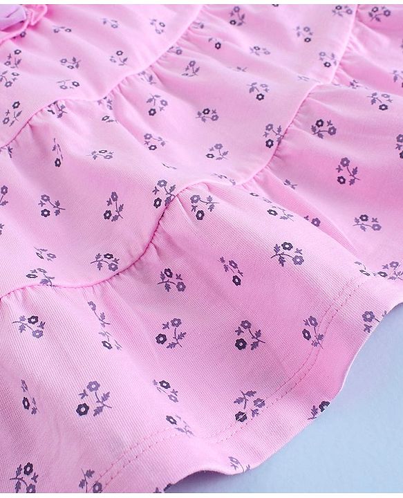 Babyhug 100% Cotton Knit Sleeveless Frock Floral Print with Bow Applique - Pink