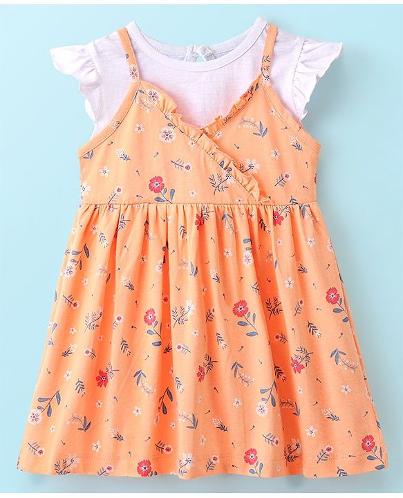 Babyhug 100% Cotton Knit Floral Print Frock with Frill Sleeves Inner Tee - Peach & White