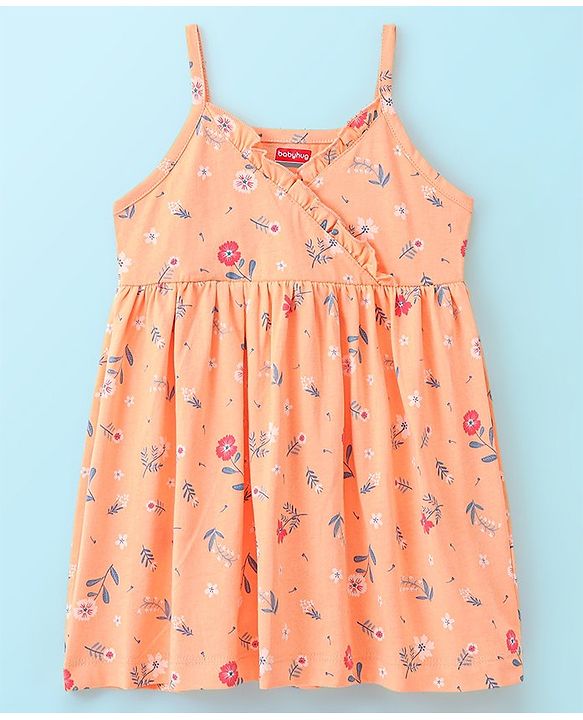 Babyhug 100% Cotton Knit Floral Print Frock with Frill Sleeves Inner Tee - Peach & White