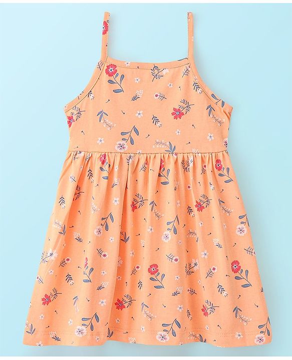 Babyhug 100% Cotton Knit Floral Print Frock with Frill Sleeves Inner Tee - Peach & White