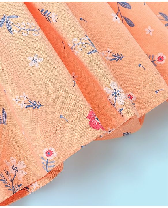 Babyhug 100% Cotton Knit Floral Print Frock with Frill Sleeves Inner Tee - Peach & White
