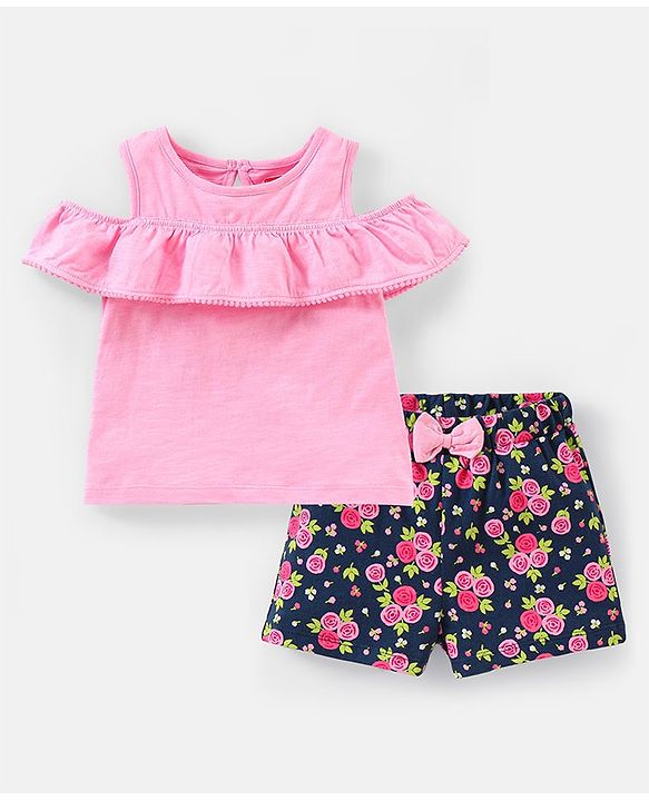 Babyhug 100% Cotton Sleeveless Frilled Top & Shorts Set Floral Print - Pink & Navy