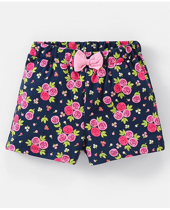 Babyhug 100% Cotton Sleeveless Frilled Top & Shorts Set Floral Print - Pink & Navy