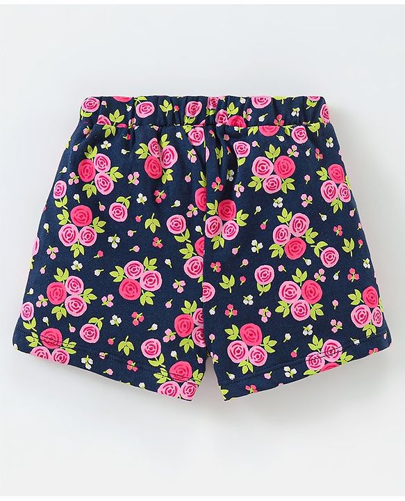 Babyhug 100% Cotton Sleeveless Frilled Top & Shorts Set Floral Print - Pink & Navy