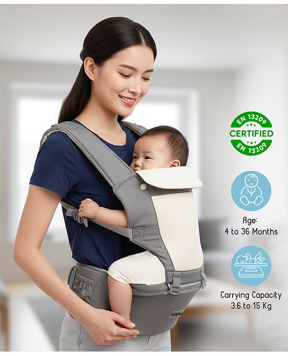 Babyhug Imperial 5-in-1 Baby Carrier with Hip Seat: Front, back & hip carrying positions, Adjustable head support, Padded straps, Breathable fabric, Pressure-relieving waist belt, Side storage pockets, Supports up to 15kg- Grey